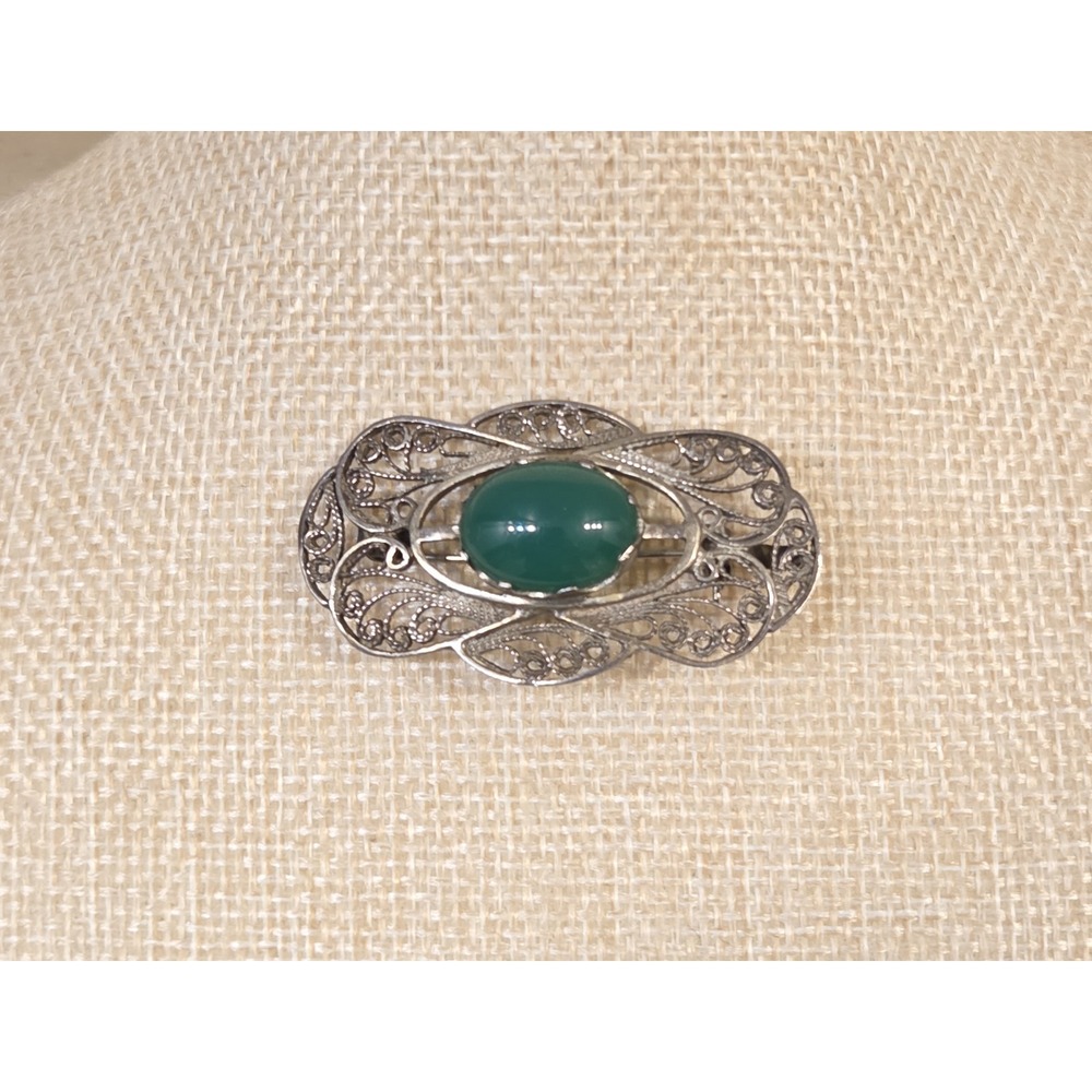 Stunning Art Nouveau Sterling Silver & Jade Brooch / Pendant